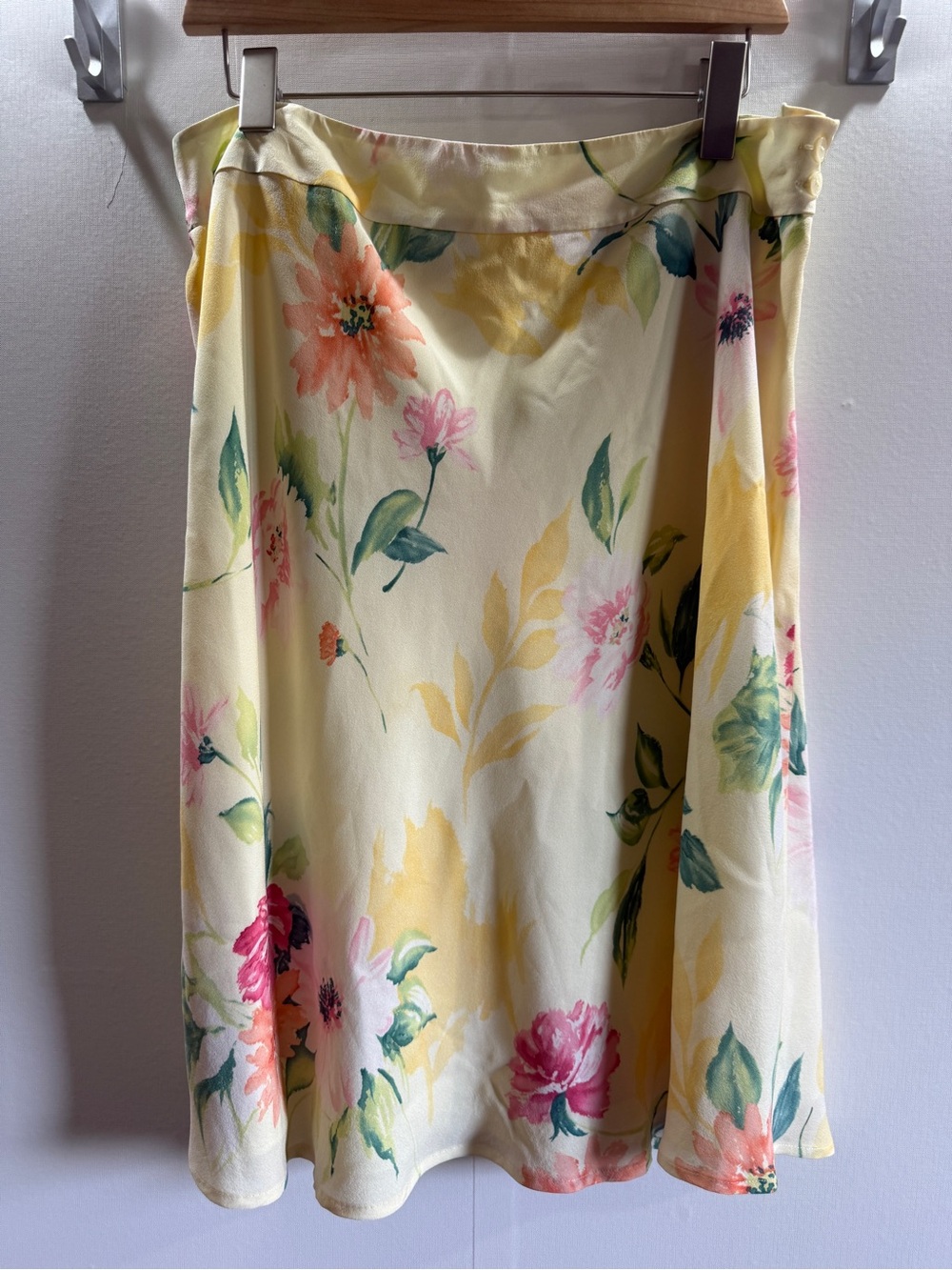 Talbots Pure Silk Size 14 Yellow Floral A-Line Midi Skirt Watercolor Print